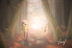 Size: 1800x1198 | Tagged: safe, artist:papaudopoulos69, fluttershy, pegasus, pony, g4, female, floating, forest, looking at you, mare, path, smiling, solo, spread wings, wings
