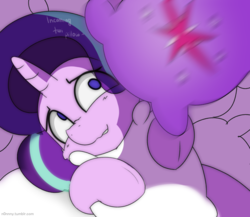 Size: 2300x2000 | Tagged: safe, artist:n0nnny, starlight glimmer, pony, unicorn, g4, dialogue, female, high res, mare, misleading thumbnail, pillow, pillow fight, sleeping, solo, wide eyes