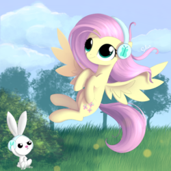 Size: 1000x1000 | Tagged: safe, artist:songbirdserenade, angel bunny, fluttershy, pegasus, pony, g4, cute, duo, female, flying, headphones, male, mare, outdoors, shyabetes, signature, smiling, spread wings, wings