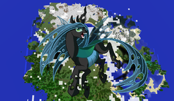 Size: 1440x838 | Tagged: safe, artist:jennilah, artist:theunknown644, queen chrysalis, changeling, changeling queen, pony, g4, 3d, crossover, female, game screencap, minecraft, minecraft pixel art, pixel art, solo