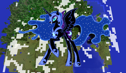 Size: 1440x838 | Tagged: safe, artist:moongazeponies, artist:theunknown644, nightmare moon, alicorn, pony, g4, 3d, armor, crossover, ethereal mane, female, game screencap, minecraft, minecraft pixel art, pixel art, raised hoof, solo, starry mane