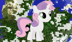 Size: 1440x838 | Tagged: safe, artist:paddixx, artist:theunknown644, sweetie belle, pony, unicorn, g4, 3d, blank flank, crossover, female, filly, game screencap, minecraft, minecraft pixel art, pixel art, solo