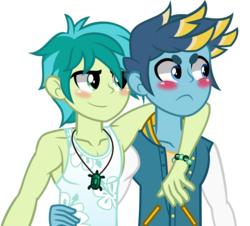 Size: 4000x3615 | Tagged: safe, artist:orin331, gallus, sandbar, equestria girls, g4, school daze, season 8, arm around neck, armpits, blushing, clothes, duo, equestria girls-ified, implied gay, looking away, male, necklace, ship:gallbar, shipping, simple background, tank top, transparent background, vector