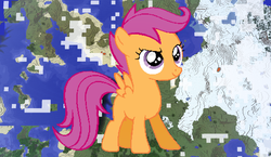 Size: 1440x838 | Tagged: safe, artist:shelmo69, artist:theunknown644, scootaloo, pegasus, pony, g4, 3d, crossover, female, filly, game screencap, minecraft, minecraft pixel art, pixel art, solo