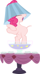 Size: 2192x4060 | Tagged: safe, artist:awesomecas, edit, editor:slayerbvc, vector edit, pinkie pie, earth pony, pony, g4, ponyville confidential, bipedal, cup, dancing, female, furless, furless edit, hat, lampshade, lampshade hat, mare, nude edit, nudity, ponk, punch (drink), punch bowl, shaved, shaved tail, simple background, solo, table, transparent background, vector