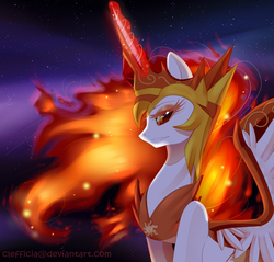Size: 1117x1066 | Tagged: safe, artist:clefficia, artist:togeticisa, daybreaker, alicorn, pony, a royal problem, g4, armor, collaboration, crown, female, glowing horn, horn, jewelry, magic, mare, redraw, regalia, solo