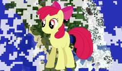 Size: 1440x838 | Tagged: safe, artist:glamourkat, artist:theunknown644, apple bloom, earth pony, pony, g4, 3d, crossover, female, filly, game screencap, minecraft, minecraft pixel art, pixel art, solo