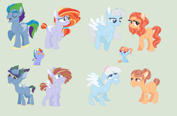 Size: 1560x1026 | Tagged: dead source, safe, artist:maiachlte, bow hothoof, windy whistles, oc, oc:bluebelle, oc:cloudy sunrise, oc:elle rose, oc:overcast, earth pony, pegasus, pony, g4, baby, baby pony, base used, colt, elderly, female, filly, green background, lesbian, magical lesbian spawn, male, mare, offspring, previous generation, simple background, stallion, straight, younger