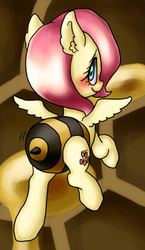 Size: 510x877 | Tagged: safe, artist:shusu, fluttershy, pegasus, pony, g4, animal costume, bee costume, blushing, clothes, costume, female, flutterbee, honeycomb (structure), smiling, solo, wiggle