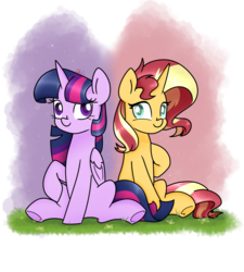 Size: 1080x1200 | Tagged: safe, artist:chautung, sunset shimmer, twilight sparkle, alicorn, pony, unicorn, g4, female, lesbian, looking at each other, ship:sunsetsparkle, shipping, simple background, sitting, transparent background, twilight sparkle (alicorn)