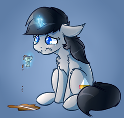 Size: 3800x3599 | Tagged: safe, artist:witchtaunter, oc, oc only, oc:greyline, pony, chest fluff, crying, dropped ice cream, floppy ears, food, glowing horn, high res, horn, ice cream, ice cream cone, levitation, magic, male, sad, sitting, solo, spill, stallion, telekinesis, wavy mouth