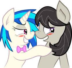 Size: 10432x9792 | Tagged: safe, artist:silentmatten, artist:wolfgrrrl22, dj pon-3, octavia melody, vinyl scratch, earth pony, pony, unicorn, .ai available, .zip file at source, absurd resolution, blushing, bowtie, female, hooves, horn, lesbian, mare, scratchtavia, shipping, simple background, smiling, teeth, transparent background, vector