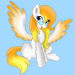 Size: 3000x3000 | Tagged: safe, artist:chelseawest, oc, oc only, oc:melody flare, pegasus, pony, blue background, chest fluff, colored wings, colored wingtips, female, glasses, high res, mare, simple background, solo, spread wings, wings