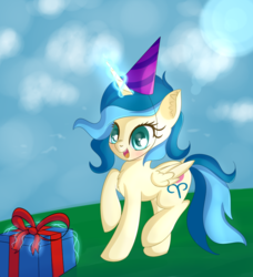 Size: 1532x1681 | Tagged: safe, artist:brok-enwings, oc, oc only, oc:tina fountain heart, alicorn, pony, alicorn oc, excited, female, hat, party hat, present, solo
