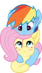 Size: 1658x2850 | Tagged: safe, artist:karanakia, artist:silentmatten, fluttershy, rainbow dash, pegasus, pony, g4, .ai available, .zip file at source, blush sticker, blushing, duo, female, hug, hug from behind, lesbian, looking at each other, mare, ship:flutterdash, shipping, simple background, smiling, transparent background, vector