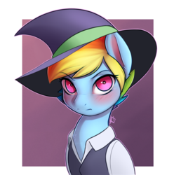 Size: 900x909 | Tagged: dead source, safe, artist:captainpudgemuffin, rainbow dash, pony, g4, amanda o'neill, blushing, bust, crossover, cute, dashabetes, female, hat, little witch academia, looking at you, mare, solo, witch hat