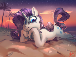 Size: 4000x3000 | Tagged: safe, artist:alumx, rarity, pony, unicorn, g4, beach, cloud, cute, evening, female, looking at you, lying down, mare, palm tree, prone, raribetes, sand, sky, smiling, solo, stars, supporting head, tree, water