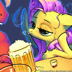 Size: 3000x3000 | Tagged: safe, artist:itsalwayspony, big macintosh, fluttershy, pony, g4, alcohol, bedroom eyes, beer, chest fluff, drunk, drunk bubbles, drunkershy, female, glass, heart, high res, male, mare, messy mane, ship:fluttermac, shipping, shot glass, smiling, spread wings, straight, tongue out, wingboner, wings