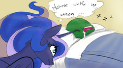 Size: 663x366 | Tagged: safe, artist:dotkwa, color edit, edit, princess luna, oc, oc:anon, alicorn, human, pony, g4, bed, colored, drool, eyelashes, female, horn, horn poke, male, mare, poking, sleeping, worried, zzz