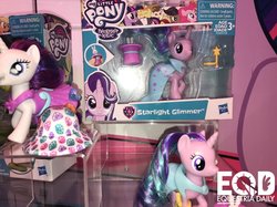 Size: 1210x907 | Tagged: safe, rarity, starlight glimmer, g4, cape, clothes, female, irl, magician, magician outfit, photo, toy, toy fair, toy fair 2018