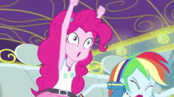 Size: 614x344 | Tagged: safe, screencap, pinkie pie, rainbow dash, human, equestria girls, equestria girls series, g4, road trippin, animated, crazy face, duo, duo female, eyebrows, eyes closed, faic, female, gif, hands in the air, open mouth, party hard, pinkie being pinkie, truck, vibrating