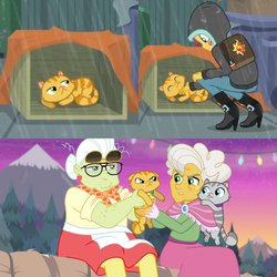 Size: 1920x1920 | Tagged: safe, edit, edited screencap, screencap, derp cat, goldie delicious, granny smith, sunset shimmer, cat, equestria girls, g4, monday blues, my little pony equestria girls: better together, my little pony equestria girls: summertime shorts, road trippin, backpack, boots, box, clothes, female, high heel boots, lemon squeezy, rain, shawl, shoes, sunglasses