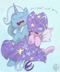 Size: 3000x3600 | Tagged: safe, artist:glitterstar2000, starlight glimmer, trixie, pony, unicorn, g4, cape, clothes, female, hat, high res, lesbian, mare, ship:startrix, shipping, simple background, sleeping, trixie's cape, trixie's hat, zzz