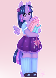 Size: 2545x3500 | Tagged: safe, artist:bunxl, twilight sparkle, alicorn, anthro, g4, adorkable, arm hooves, book, clothes, cute, dork, ethereal mane, female, heart, heart eyes, high res, looking at you, mare, mary janes, moe, shoes, simple background, skirt, socks, solo, starry eyes, starry mane, starry tail, tail, twilight sparkle (alicorn), wingding eyes