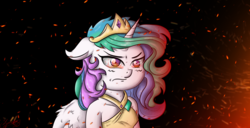 Size: 3264x1668 | Tagged: safe, artist:zsparkonequus, princess celestia, alicorn, pony, g4, black background, clothes, crown, dress, female, fire, jewelry, looking at you, mare, regalia, simple background, solo