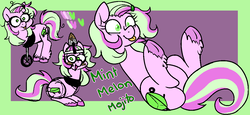 Size: 1109x512 | Tagged: safe, artist:/d/non, oc, oc:mint melon mojito, accessory, amputee, frog (hoof), hairclip, mlem, reference sheet, silly, simple background, teenager, tongue out, underhoof, unshorn fetlocks, wide eyes
