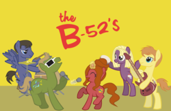Size: 5000x3258 | Tagged: safe, artist:inkandmystery, earth pony, pegasus, pony, unicorn, g4, cindy wilson, drums, fred schneider, guitar, hat, kate pierson, keith strickland, microphone, musical instrument, ricky wilson, sunglasses, tambourine, the b-52s