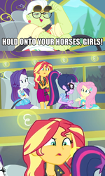 Size: 462x768 | Tagged: safe, edit, edited screencap, screencap, fluttershy, granny smith, rarity, sci-twi, sunset shimmer, twilight sparkle, equestria girls, g4, my little pony equestria girls: better together, road trippin, clothes, cropped, female, geode of empathy, geode of shielding, geode of telekinesis, image macro, magical geodes, meme, sunset shimmer is not amused, tour bus, unamused, wut face