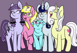 Size: 1378x957 | Tagged: safe, artist:/d/non, inky rose, lily lace, moonlight raven, screw loose, sunshine smiles, earth pony, pegasus, pony, unicorn, g4, female, group, mare, puffy cheeks, simple background