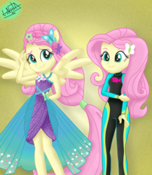 Size: 1300x1500 | Tagged: safe, artist:liniitadash23, fluttershy, equestria girls, equestria girls series, forgotten friendship, g4, clothes, cute, dress, duality, female, flower, flower in hair, fluttershy's wetsuit, gradient background, ponied up, show accurate, shyabetes, solo, wetsuit