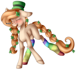 Size: 2134x1989 | Tagged: safe, oc, oc only, earth pony, pony, blushing, braid, braided tail, clothes, clover, eyes closed, female, floppy ears, four leaf clover, full body, hat, mare, rainbow socks, simple background, smiling, socks, solo, striped socks, top hat, transparent, transparent background, unbalanced
