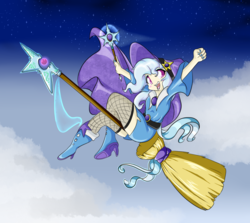 Size: 1269x1132 | Tagged: safe, artist:alazak, trixie, human, g4, broom, female, flying, flying broomstick, humanized, night, open mouth, smiling, solo, stars, wand, witch
