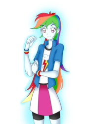 Size: 1800x2449 | Tagged: safe, artist:grandzebulon, rainbow dash, equestria girls, g4, clothes, compression shorts, eqg promo pose set, female, looking at you, multicolored hair, shirt, skirt, smiling, solo, wristband