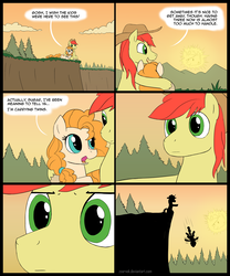 Size: 1600x1920 | Tagged: safe, artist:zoarvek, bright mac, pear butter, princess celestia, earth pony, pony, g4, abuse, cliff, comic, cowboy hat, dark comedy, female, hat, husband and wife, male, mare, meme, murder, parody, pearbuse, pregnant, scenery, ship:brightbutter, shipping, silhouette, stallion, stetson, straight, sun, this will end in death, we are going to hell
