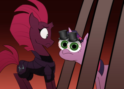 Size: 1212x866 | Tagged: safe, artist:marmelmm, artist:mickeymonster, edit, tempest shadow, twilight sparkle, alicorn, pony, g4, my little pony: the movie, bach is dead, bloodshot eyes, broken horn, comedy, hat, horn, humor, looking at you, open up your *very* eyes, parody of a parody, the residents, top hat, twilight sparkle (alicorn)