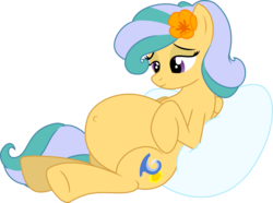 Size: 1317x978 | Tagged: safe, artist:20thx5150, oc, oc only, oc:pacific breeze, pegasus, pony, belly, belly button, female, flower, flower in hair, looking down, pillow, pregnant, resting, simple background, solo, transparent background, vector