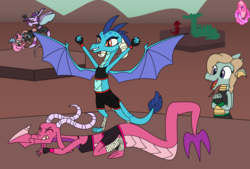Size: 1024x694 | Tagged: safe, artist:author92, idw, ballista, crackle, mina, princess ember, prominence, oc, dragon, g4, alternate clothes, clapping, claws, clothes, corey powell, dragon lands, dragon lord ember, dragoness, female, fight, gloves, kick, kicking, midriff, mma, shorts, sports bra, sports tape, wings