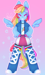 Size: 2111x3500 | Tagged: safe, artist:bunxl, rainbow dash, pegasus, anthro, unguligrade anthro, g4, arm hooves, boots, clothes, compression shorts, cute, equestria girls outfit, eyes closed, female, grin, high res, mare, multicolored hair, shirt, shoes, shorts, skirt, smiling, socks, solo