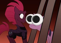Size: 1212x866 | Tagged: safe, artist:marmelmm, artist:mickeymonster, edit, tempest shadow, twilight sparkle, alicorn, pony, unicorn, g4, my little pony: the movie, armor, broken horn, cage, explicit source, eye contact, eye scar, female, frown, glare, googly eyes, gradient background, horn, looking at each other, mare, meme, open up your *very* eyes, open up your eyes, role reversal, scar, she knows, special eyes, twilight sparkle (alicorn), wide eyes