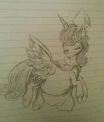 Size: 540x634 | Tagged: safe, artist:sophiefox-littlefox, princess flurry heart, g4, adult, belly, clothes, costume, eyes closed, female, flying, halloween costume, lined paper, monochrome, multiple pregnancy, nightmare night costume, older, pregnant, sketch, solo, traditional art, witch, witch costume