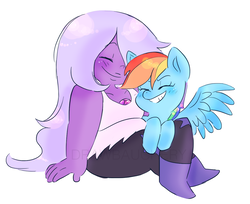 Size: 1219x997 | Tagged: safe, artist:drawbauchery, rainbow dash, gem (race), pegasus, pony, g4, amethyst, amethyst (steven universe), crossover, duo, duo female, female, gem, mare, quartz, steven universe