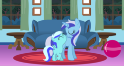 Size: 9900x5300 | Tagged: safe, artist:sky gamer, minuette, oc, oc:minty gamer, pegasus, pony, unicorn, g4, absurd resolution, ball, couch, female, filly, mare, mother and daughter, nose rub, offspring, parent:minuette, parent:oc:sky gamer, parents:canon x oc, rug