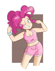 Size: 2317x3017 | Tagged: safe, artist:drawbauchery, pinkie pie, human, g4, belly button, breasts, cleavage, clothes, female, flexing, high res, humanized, lidded eyes, looking at you, one eye closed, shorts, smiling, solo, sports bra, watermark, wink, wristband