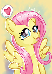 Size: 1240x1748 | Tagged: safe, artist:avui, fluttershy, pegasus, pony, g4, cute, female, heart, looking at you, pictogram, shyabetes, silly, silly pony, sitting, smiling, solo, spread wings, tongue out, wings