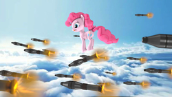 Size: 1920x1080 | Tagged: safe, artist:apexpredator923, pinkie pie, pony, g4, 3d, cloud, female, pinkie being pinkie, pronking, rocket, solo, team fortress 2, tongue out