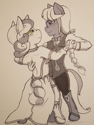 Size: 1614x2152 | Tagged: safe, artist:zalla661, silver spoon, sweetie belle, earth pony, unicorn, anthro, unguligrade anthro, g4, clothes, dancing, dress, female, lesbian, looking at each other, monochrome, ship:silverbelle, shipping, smiling, traditional art